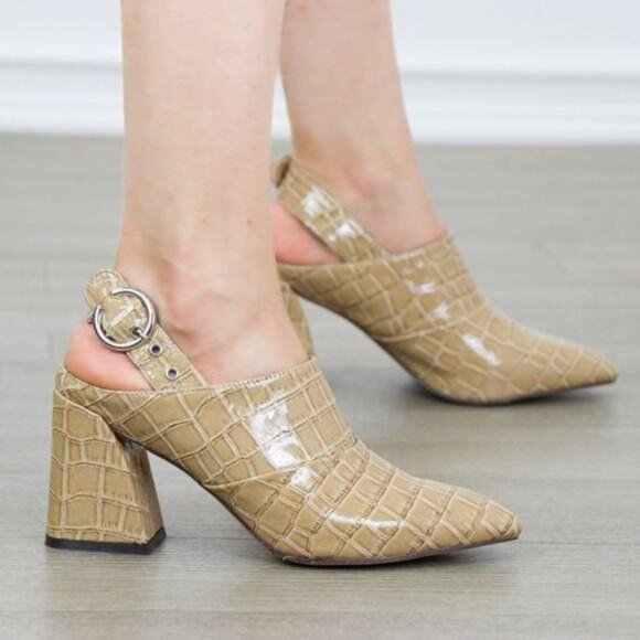 New Pointed Toe Croc-Embossed Block Heel Slingback Sandals Mules Chic & Elegant - Picture 5 of 8